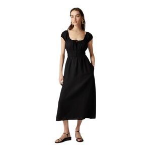 J Crew Black Short Cap Sleeve Midi Dress in Linen Womens Size M Tall